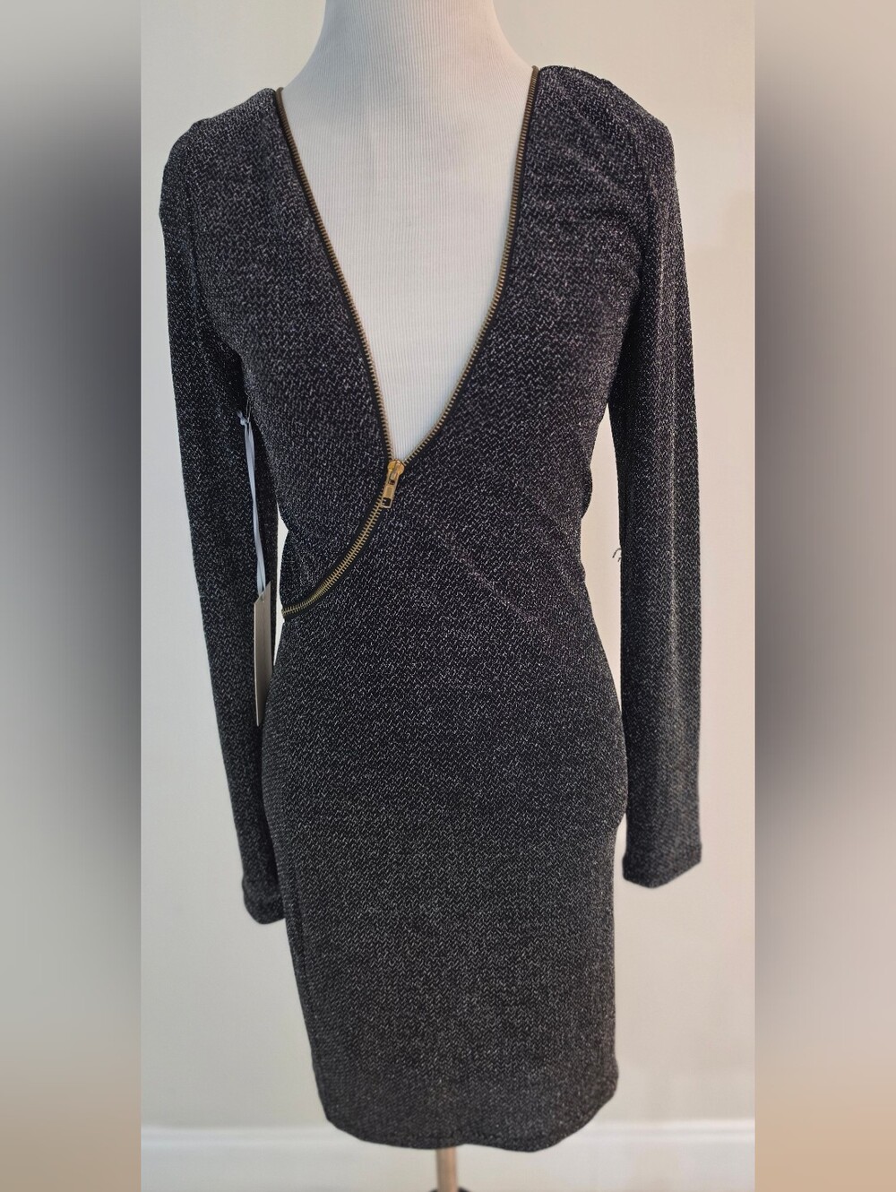 Reversible Metallic Black Knit Zip-Front Bodycon Dress